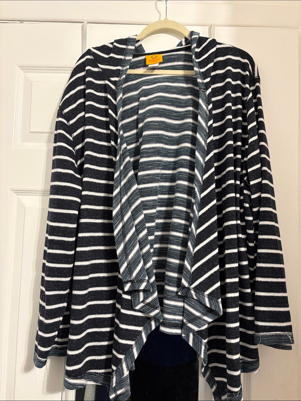 Ruby Rd. Black and White Striped Hooded Open-Front Cardigan